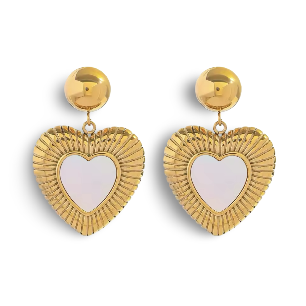 18k gold heart-shaped earrings featuring a mother of pearl inner layer, designed to be hypoallergenic and waterproof