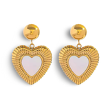 18k gold heart-shaped earrings featuring a mother of pearl inner layer, designed to be hypoallergenic and waterproof