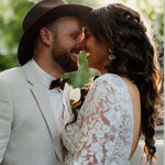 Abstract Gold earrings adorned with acrylic petals, designed for brides.