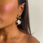 Abstract Gold earrings adorned with acrylic petals, designed for brides.