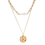 18k gold layered necklace with a pearl and roman coin. Waterproof and tarnish-resistant design.