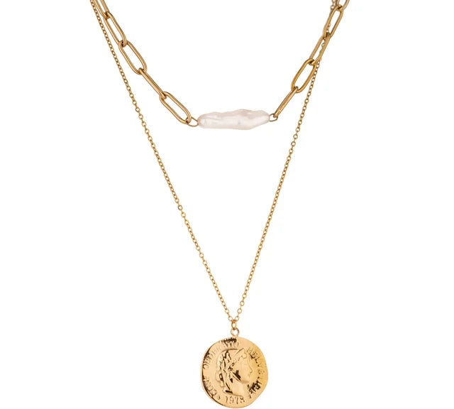 18k gold layered necklace with a pearl and roman coin. Waterproof and tarnish-resistant design.