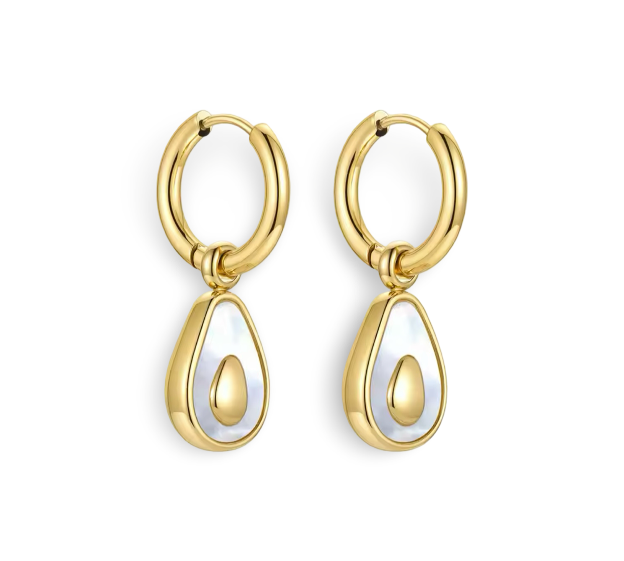 18k gold avocado earrings with a mother of pearl inner, designed to be hypoallergenic and tarnish-resistant for lasting wear