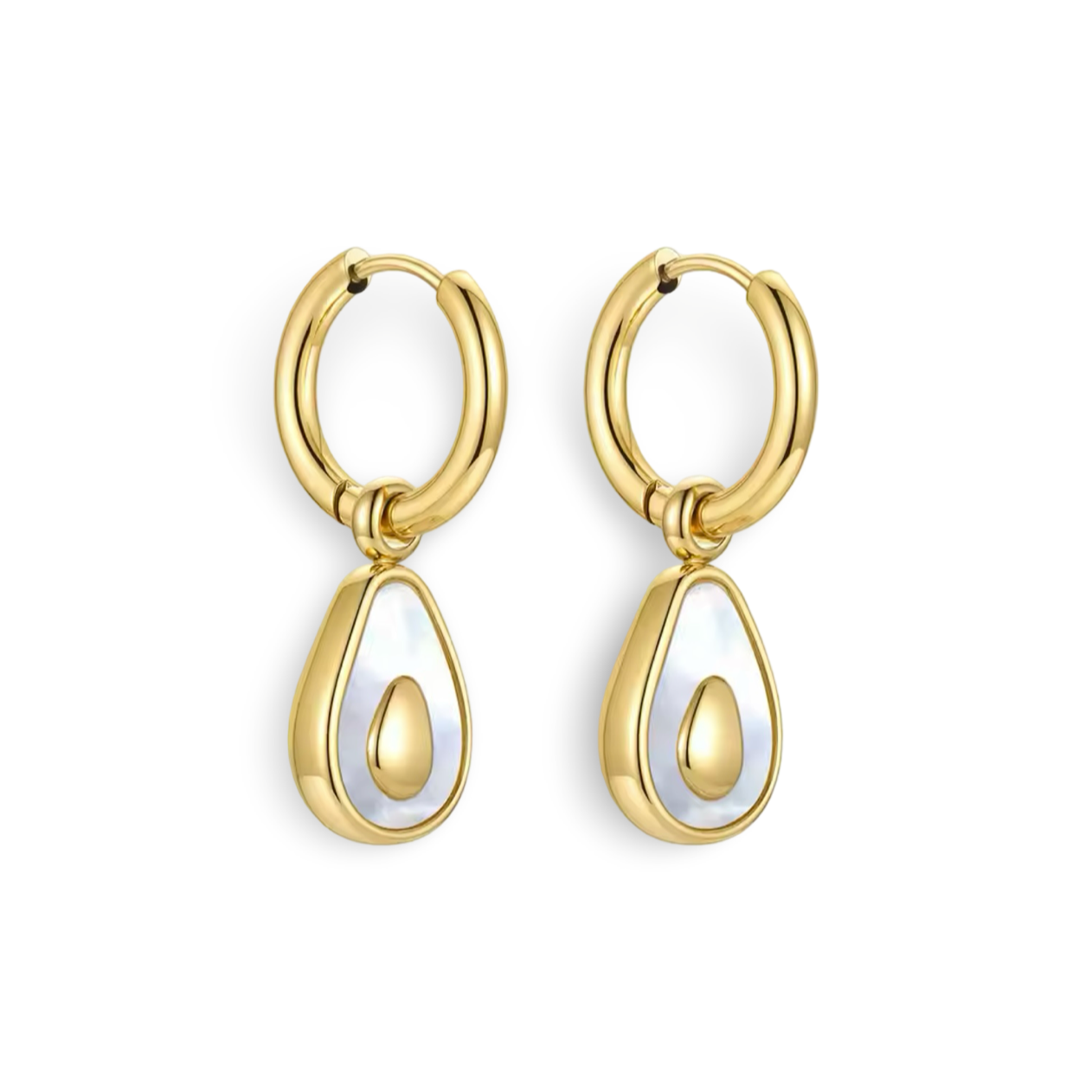 18k gold avocado earrings with a mother of pearl inner, designed to be hypoallergenic and tarnish-resistant for lasting wear