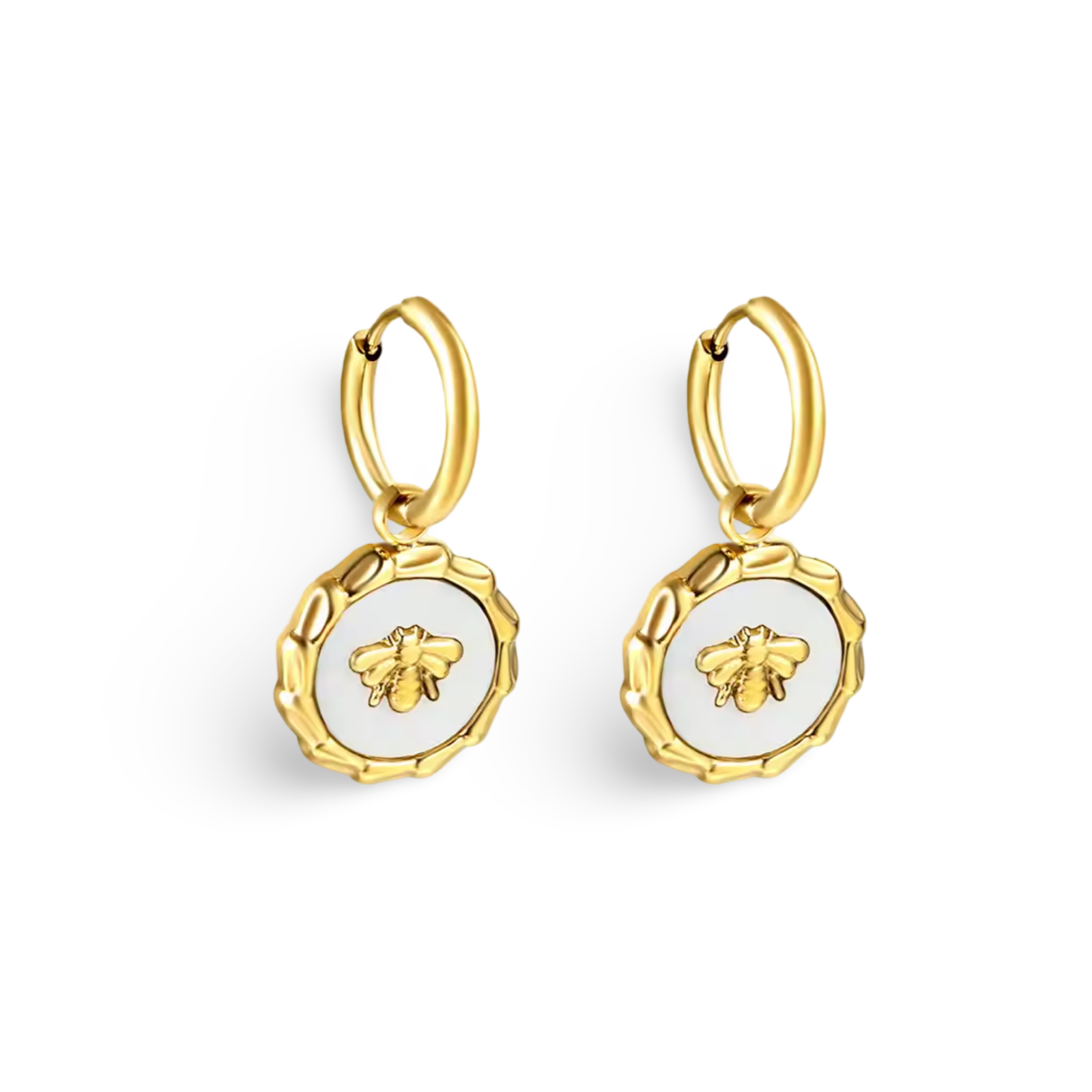 18k gold mother of pearl coin earrings featuring a bee motif and a removable pendant, allowing for two styling options. Waterproof, hypoallergenic, and tarnish-resistant