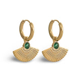 18k gold earrings with a green cubic zirconia centre, featuring a fan-shaped Egyptian-inspired design. These earrings are waterproof and hypoallergenic.