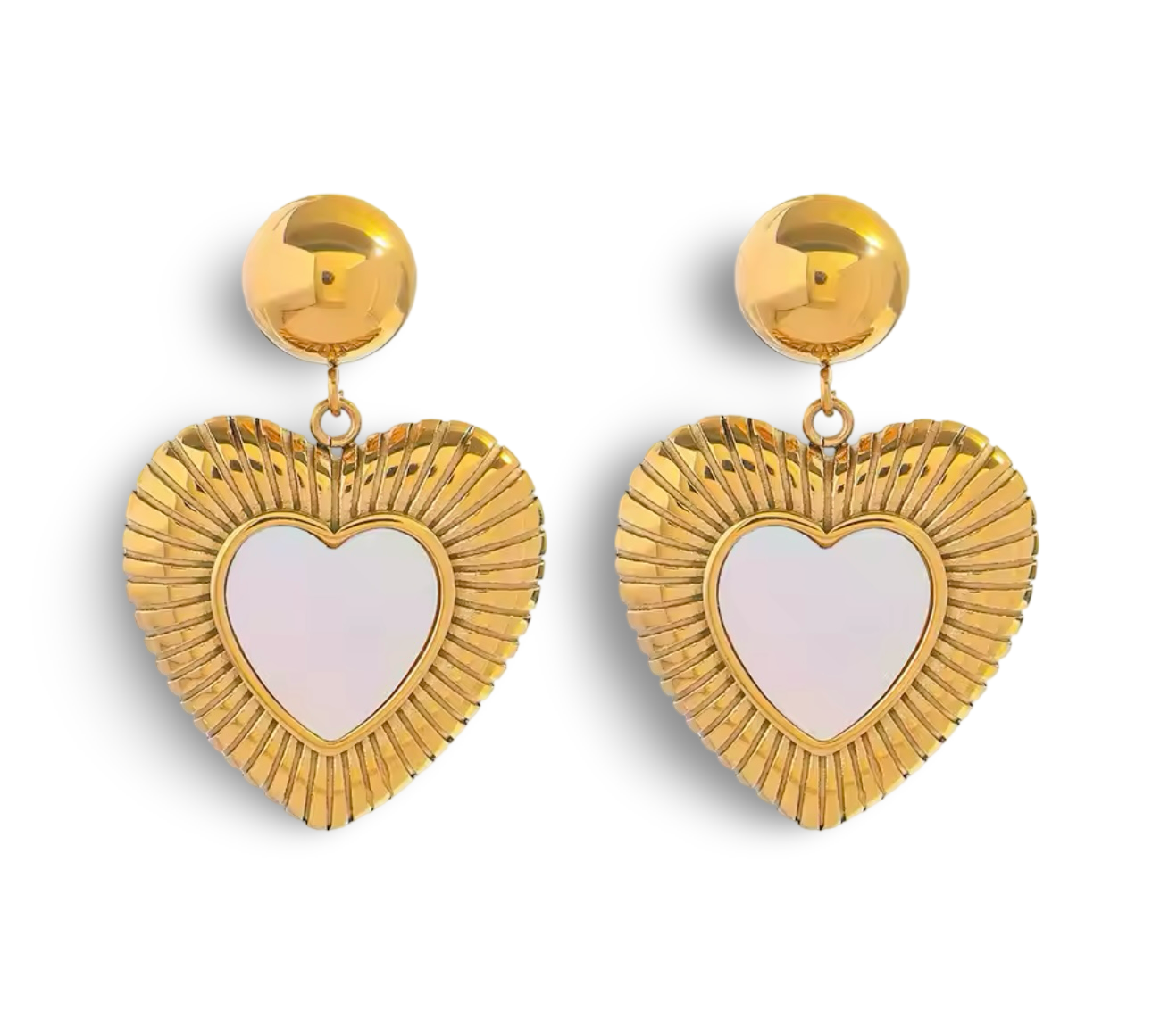 18k gold heart-shaped earrings featuring a mother of pearl inner layer, designed to be hypoallergenic and waterproof