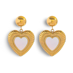 18k gold heart-shaped earrings featuring a mother of pearl inner layer, designed to be hypoallergenic and waterproof