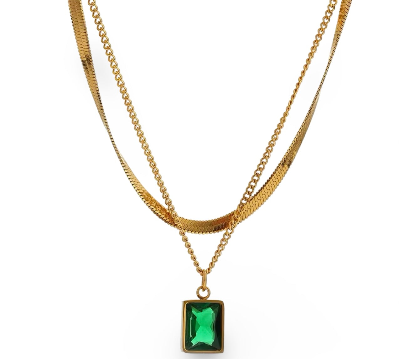 18k gold layered necklace featuring a emerald colour designed to be waterproof and hypoallergenic for everyday wear.