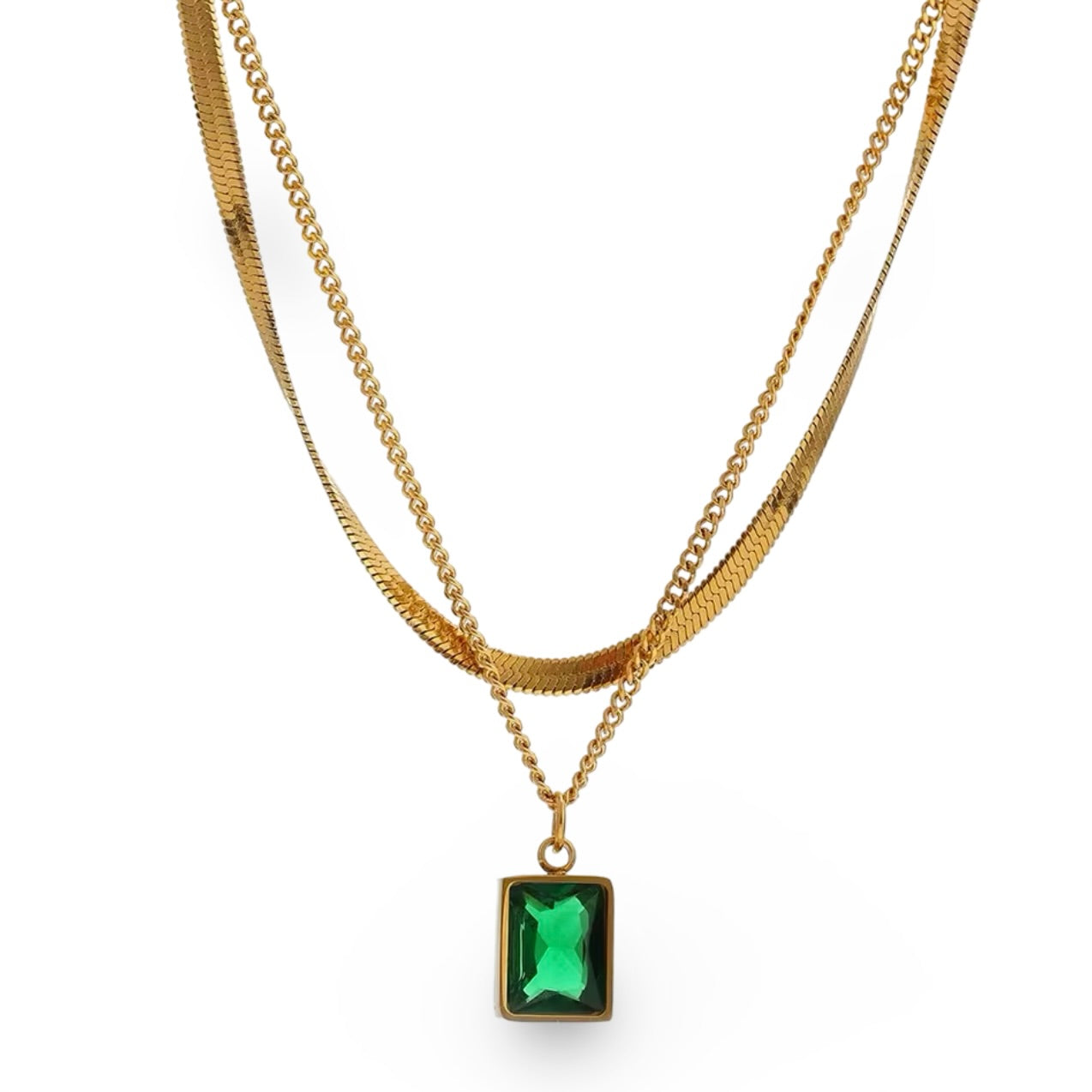 18k gold layered necklace featuring a emerald colour designed to be waterproof and hypoallergenic for everyday wear.