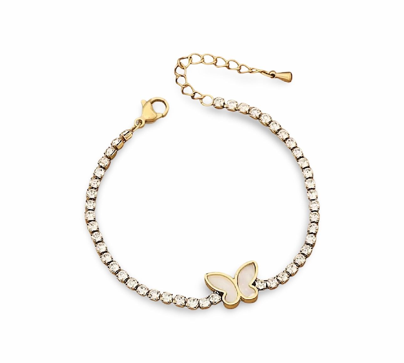 18k gold tennis bracelet featuring a butterfly and flower design with mother of pearl and high-quality cubic zirconia, crafted to be tarnish-resistant for enduring elegance