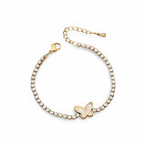 18k gold tennis bracelet featuring a butterfly and flower design with mother of pearl and high-quality cubic zirconia, crafted to be tarnish-resistant for enduring elegance