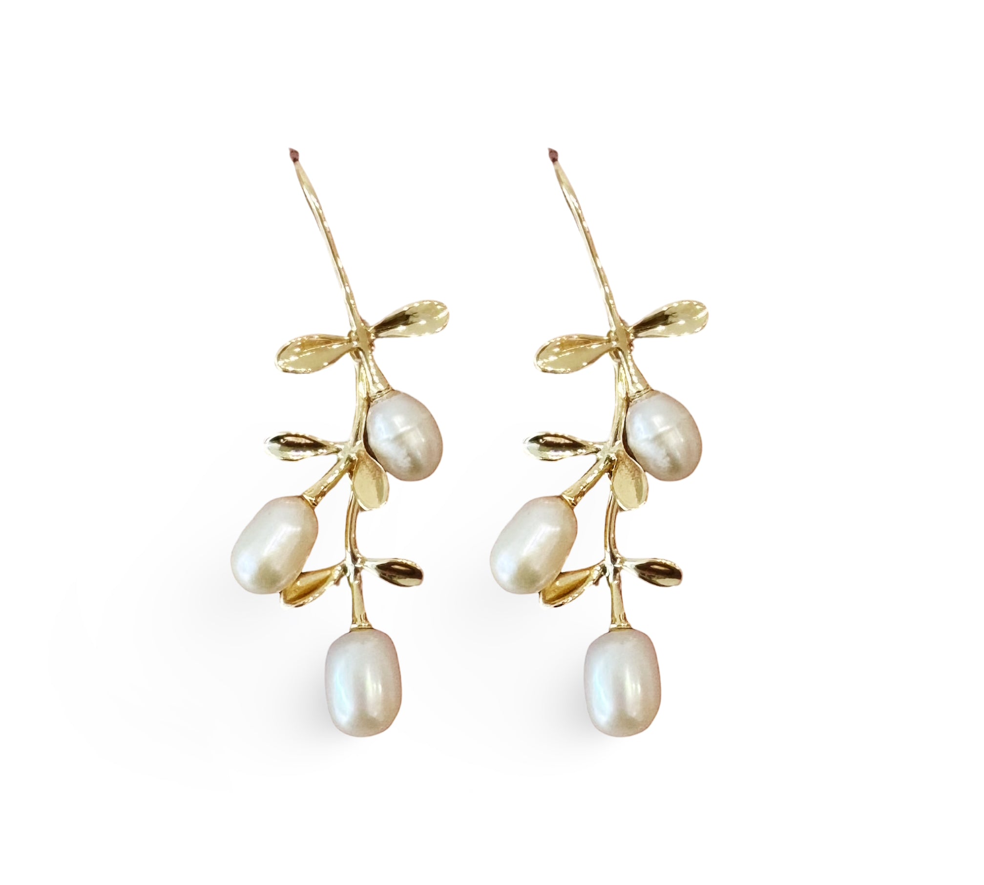 Gold hook earrings featuring tiered drop leaves adorned with three pearls, adding a touch of elegance and nature-inspired charm