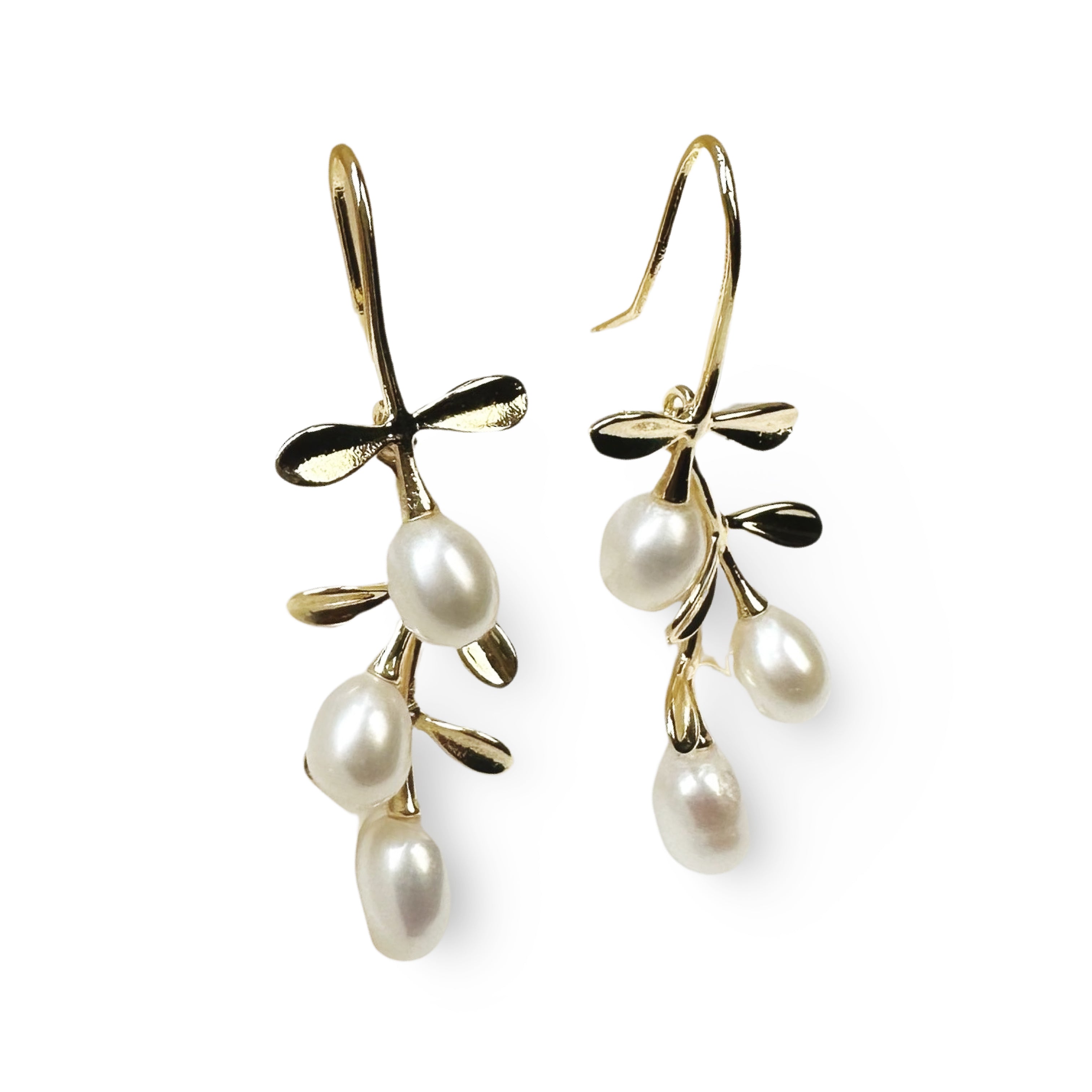 Gold hook earrings featuring tiered drop leaves adorned with three pearls, adding a touch of elegance and nature-inspired charm