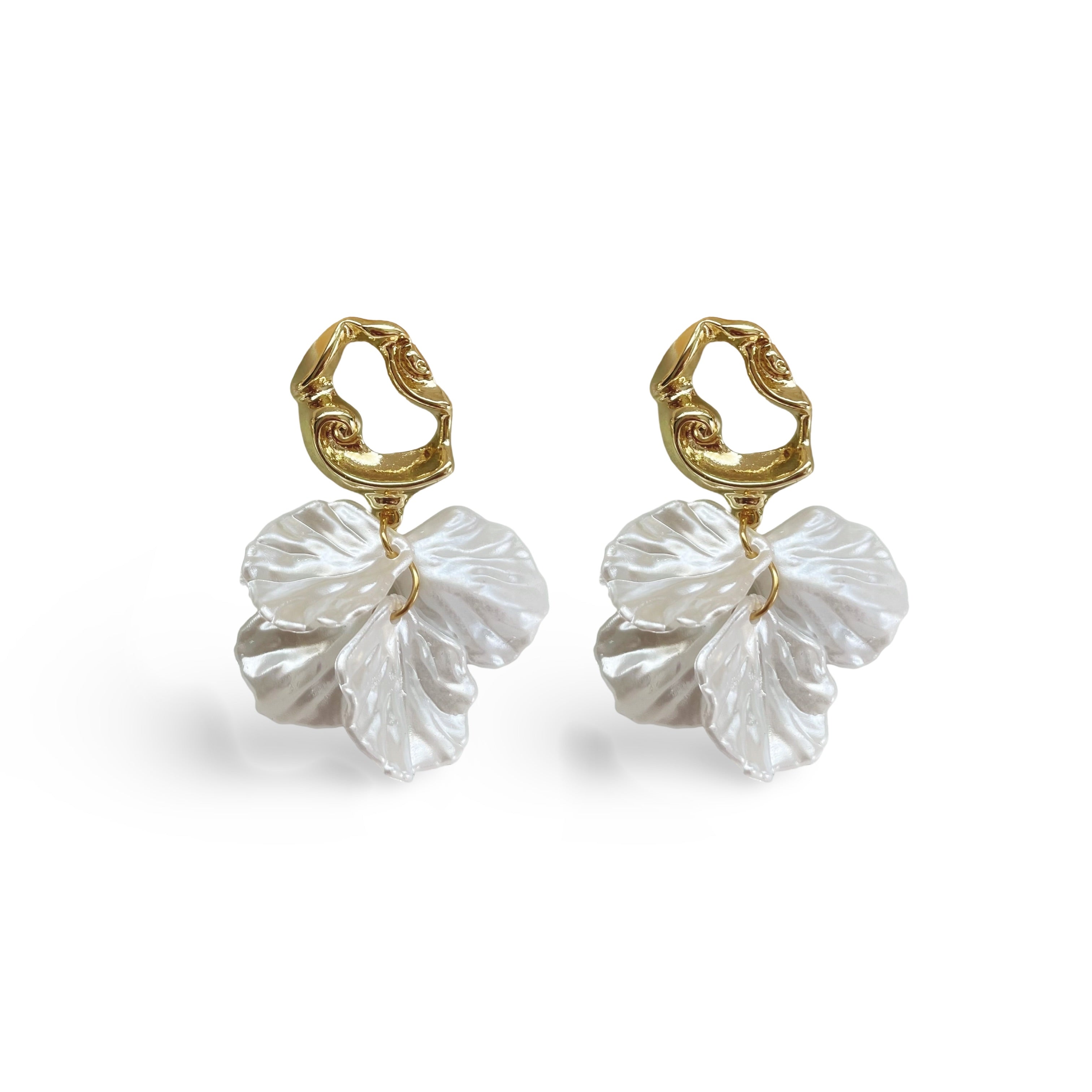 Abstract Gold earrings adorned with acrylic petals, designed for brides.