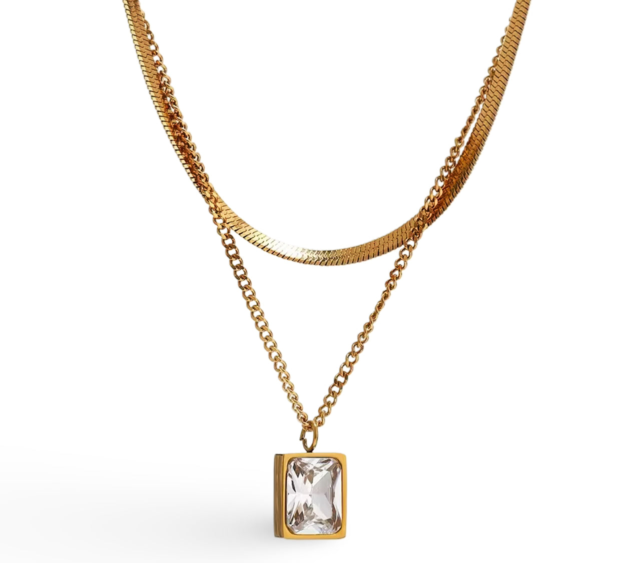 18k gold layered necklace featuring a diamond, designed to be waterproof and hypoallergenic for everyday wear.