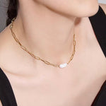 Paper clip necklace featuring a rectangular pearl, designed to be waterproof and tarnish-resistant