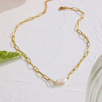 Paper clip necklace featuring a rectangular pearl, designed to be waterproof and tarnish-resistant