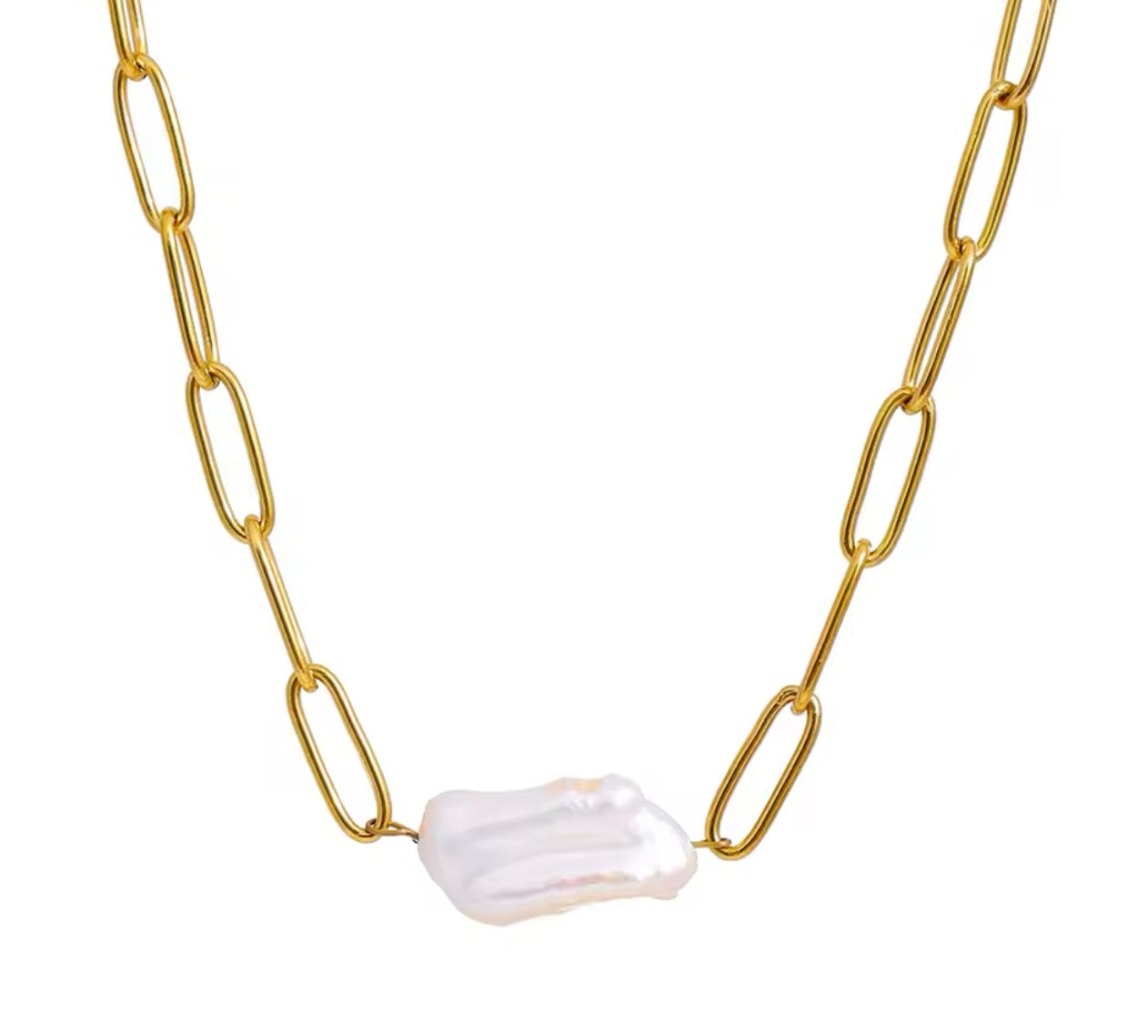 Paper clip necklace featuring a rectangular pearl, designed to be waterproof and tarnish-resistant