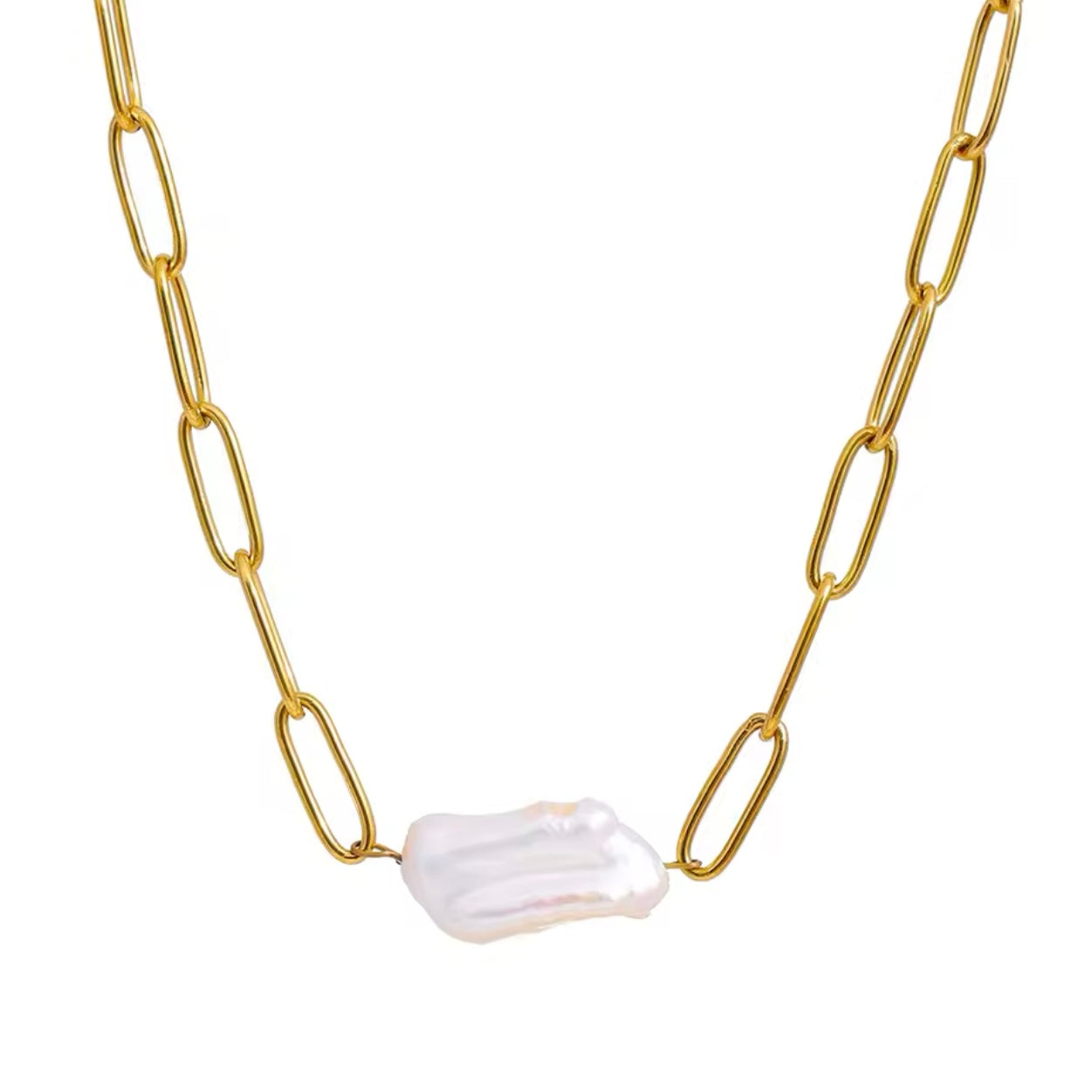 Paper clip necklace featuring a rectangular pearl, designed to be waterproof and tarnish-resistant