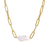 Paper clip necklace featuring a rectangular pearl, designed to be waterproof and tarnish-resistant