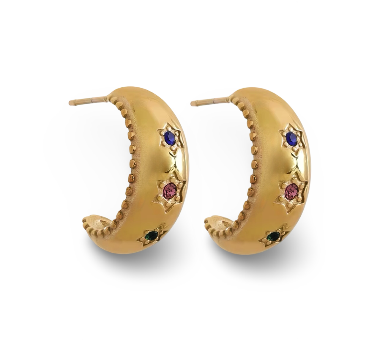 Small hoop earrings with three stars adorned with multi-coloured stones, featuring scalloped edging, designed to be waterproof and hypoallergenic