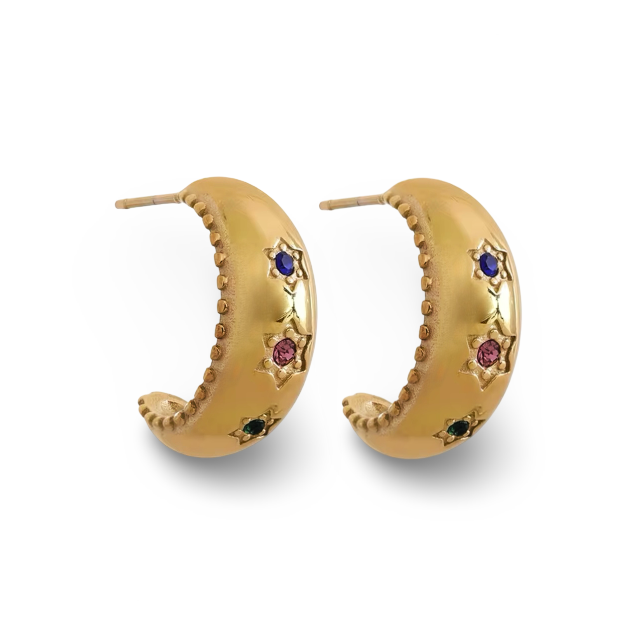 Small hoop earrings with three stars adorned with multi-coloured stones, featuring scalloped edging, designed to be waterproof and hypoallergenic