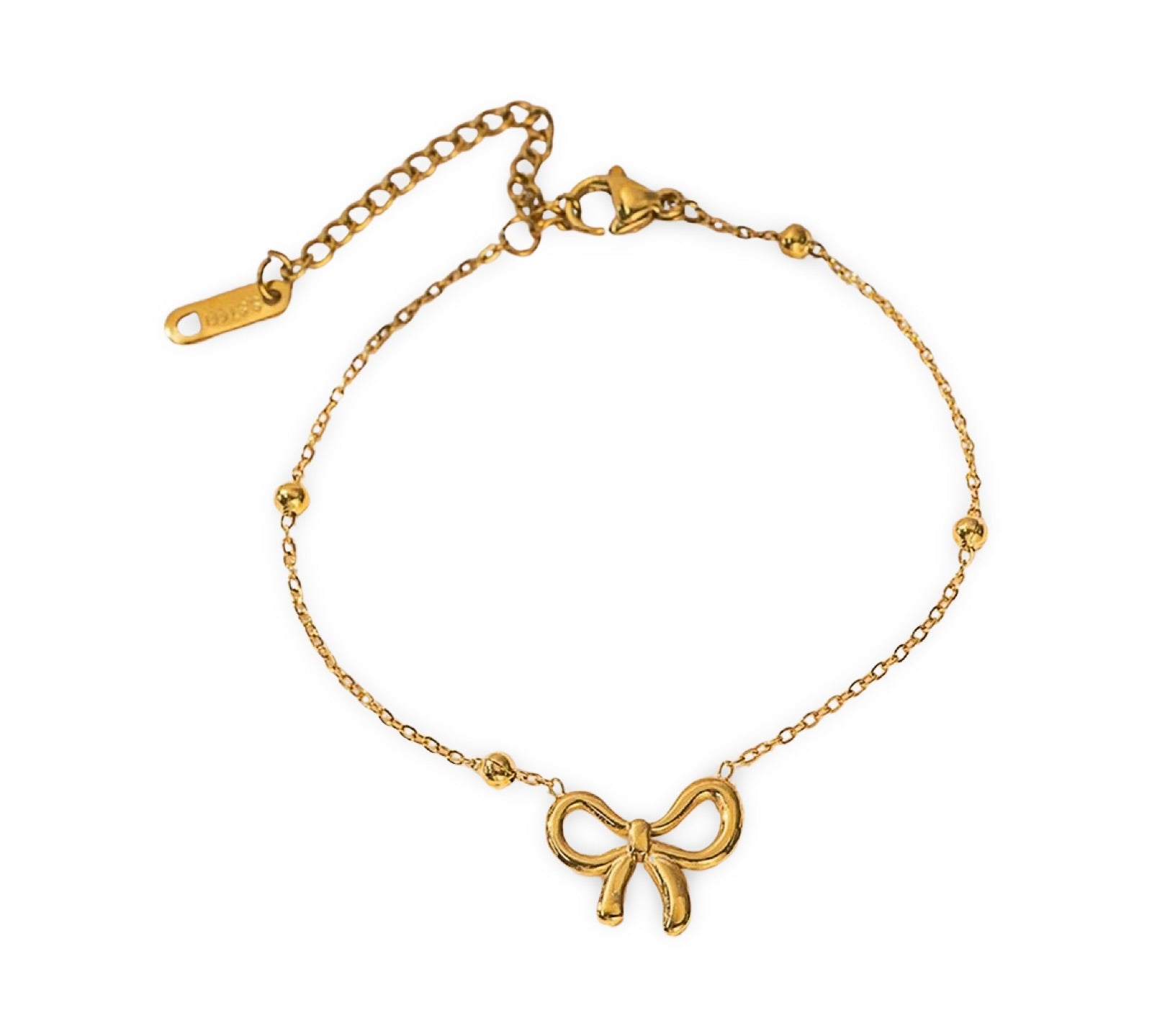 18k gold satellite chain bracelet featuring a bow design, crafted to be waterproof and hypoallergenic for everyday wear