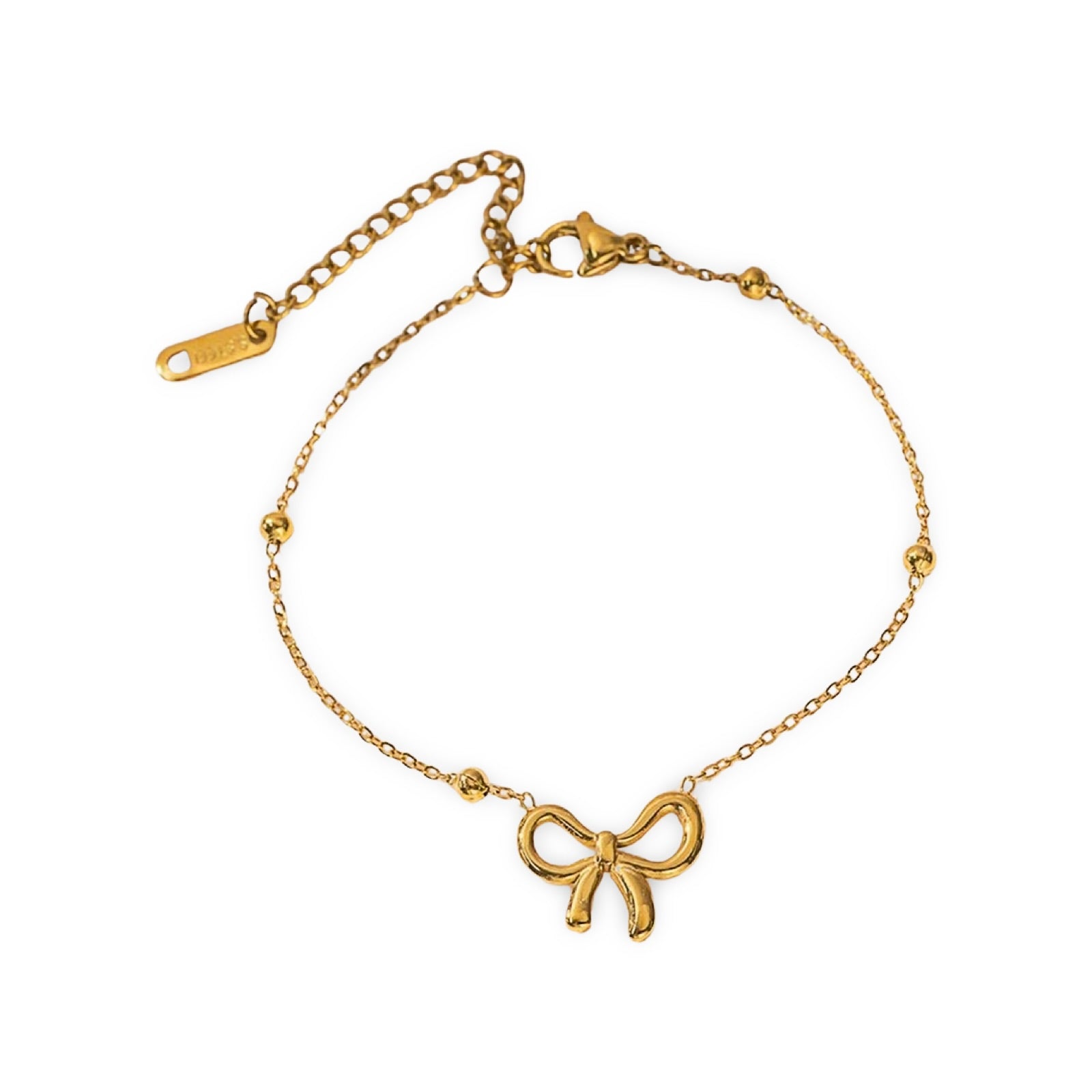 18k gold satellite chain bracelet featuring a bow design, crafted to be waterproof and hypoallergenic for everyday wear