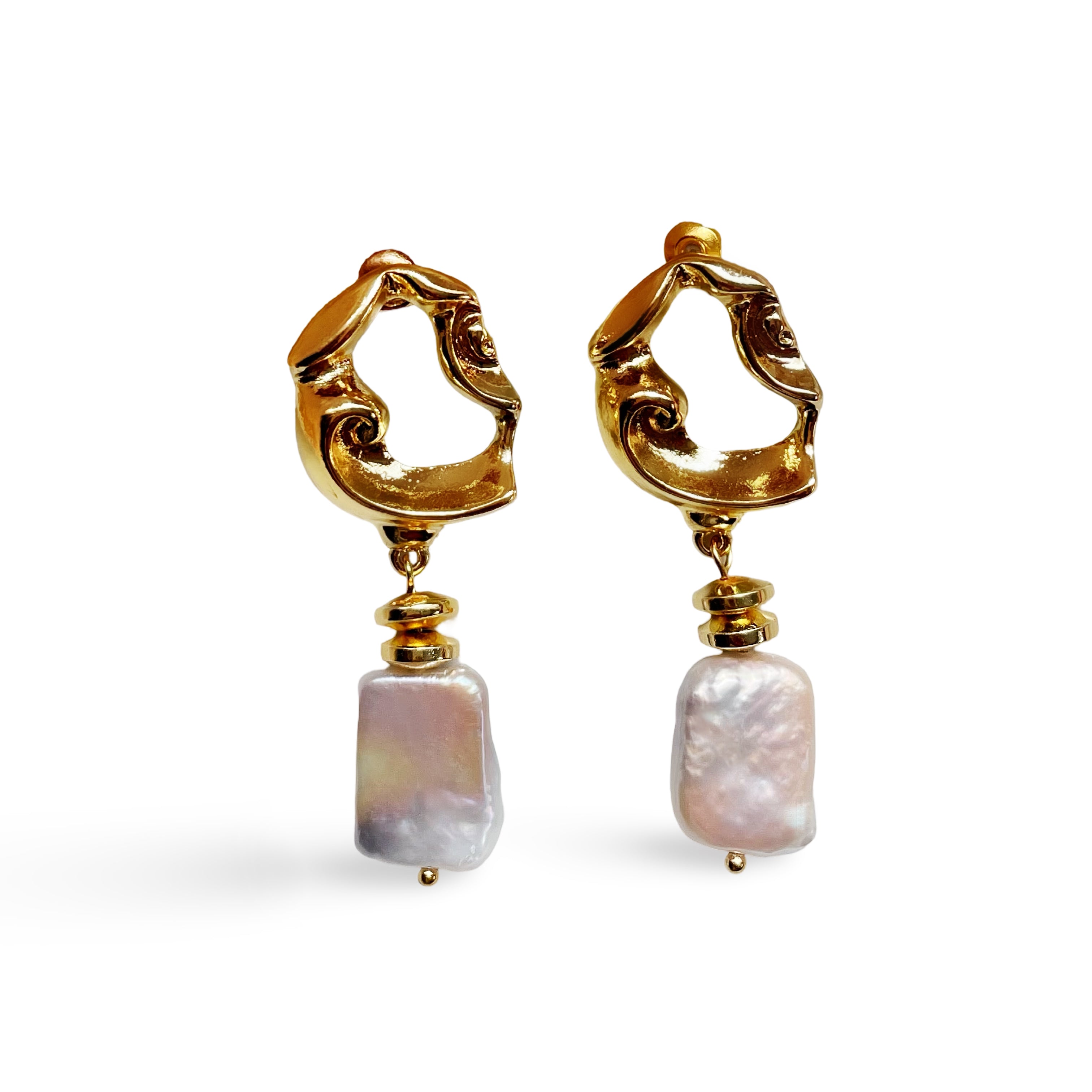 Gold abstract earrings featuring a rectangular pearl