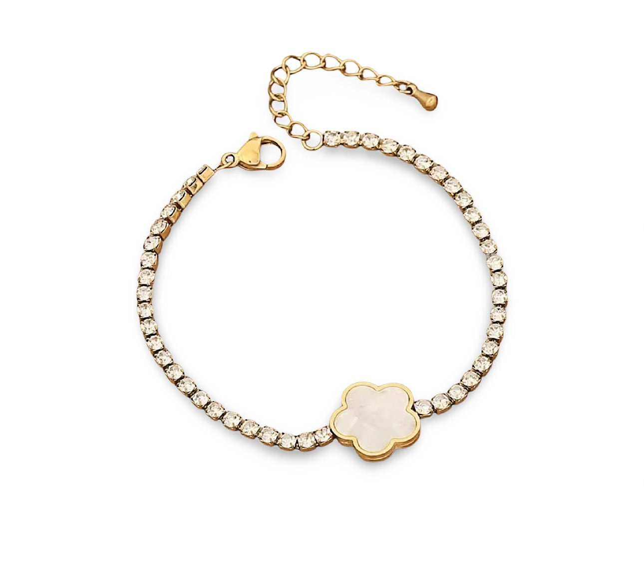 18k gold tennis bracelet featuring a flower design with mother of pearl and high-quality cubic zirconia, crafted to be tarnish-resistant for enduring elegance