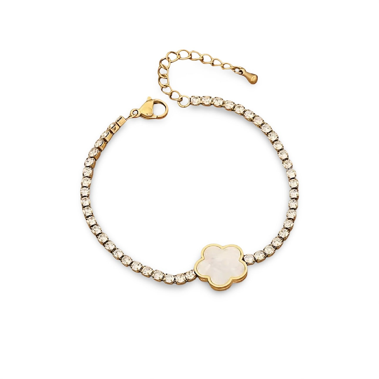 18k gold tennis bracelet featuring a flower design with mother of pearl and high-quality cubic zirconia, crafted to be tarnish-resistant for enduring elegance